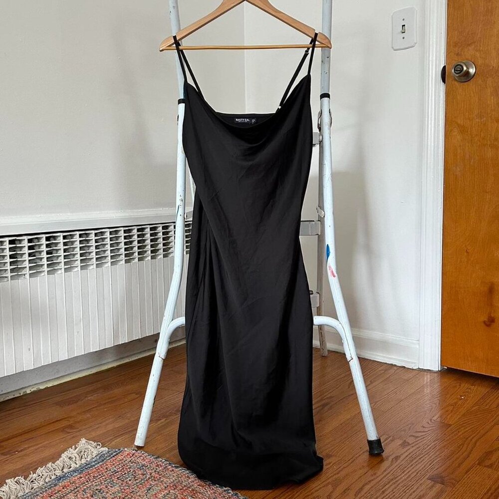 Satin cowl neck midi sleeveless dress